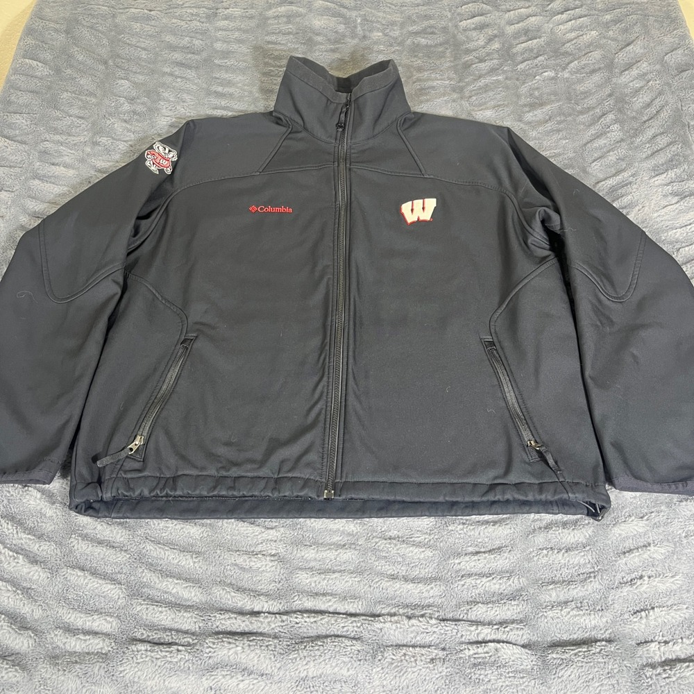 Columbia Wisconsin Badgers Softshell Jacket Mens XL Black Full Zip Embroidered